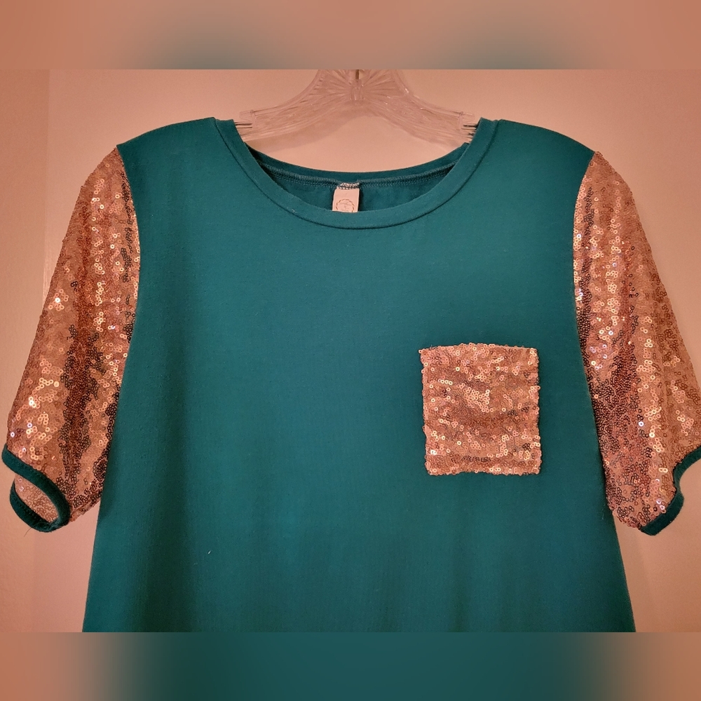 Sunshine & Rodeos Teal Tee with Rose Gold Sequins, XL